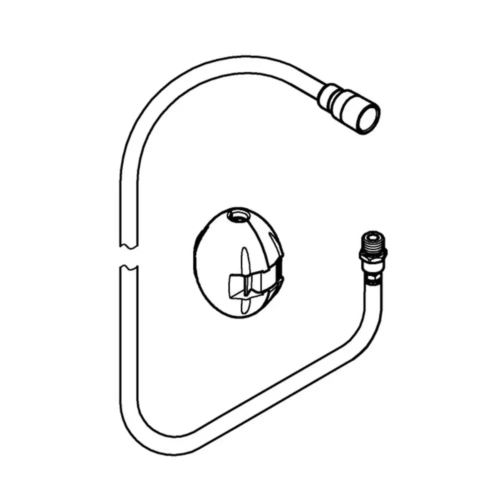 Grohe Brauseschlauch mit gebogenem Rohr und Anschlussstück, abgebildet in Schwarz-Weiß-Darstellung. Teile umfassen einen Ball und zwei Verbindungselemente.
