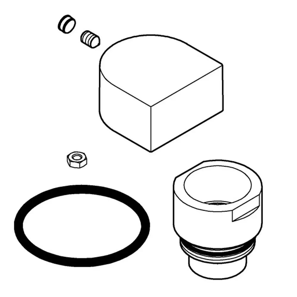 Grohe Umstellknopf mit mehreren Einzelteilen, darunter ein O-Ring, ein Stift und eine Unterlegscheibe, dargestellt in einer schematischen Draufsicht.