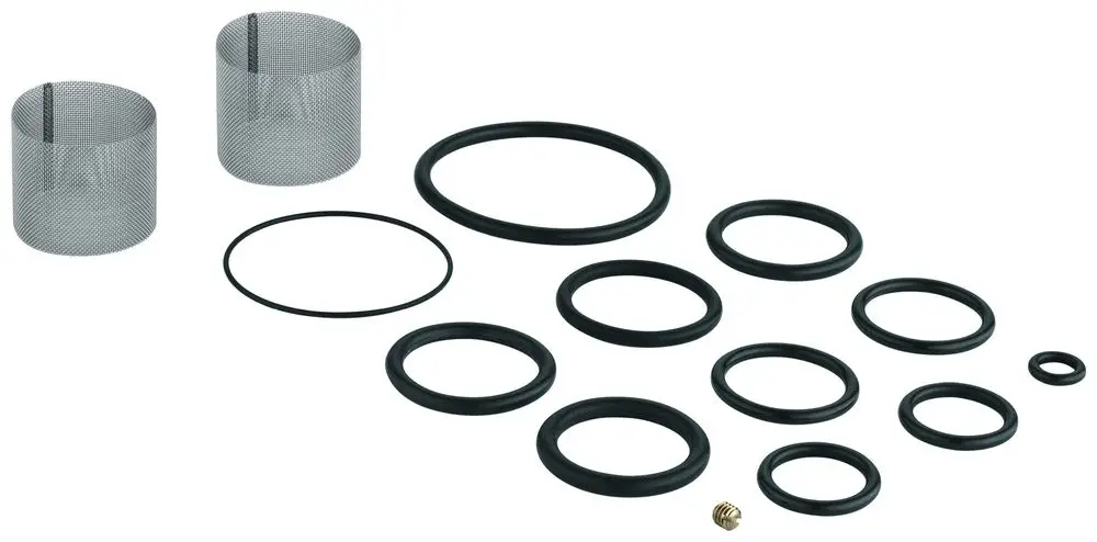 Dichtungsset von Grohe mit verschiedenen O-Ringen und zwei Schmutzfiltern. Geeignet für verschiedene Anwendungen zur Gewährleistung einer dichten Verbindung.
