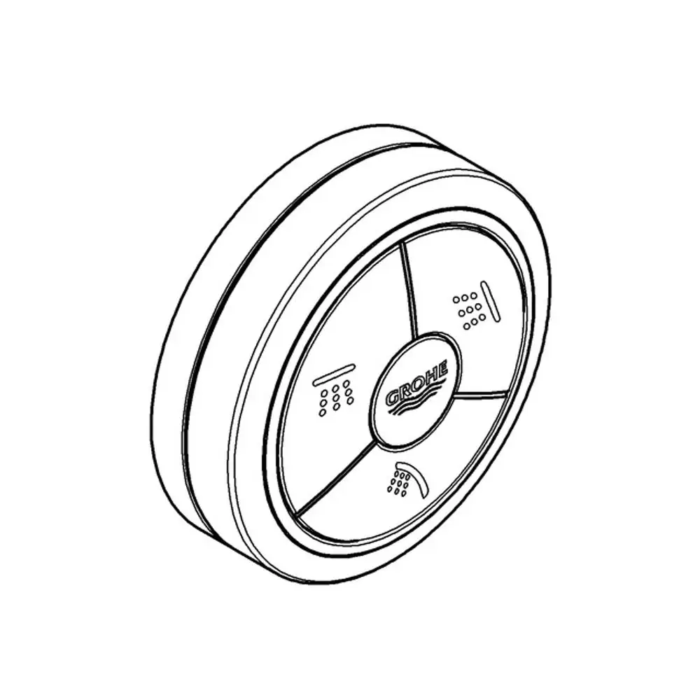 Fernbedienung mit runder Form, beschriftet mit dem Logo von Grohe, ausgestattet mit verschiedenen Tasten und Symbolen zur Bedienung.