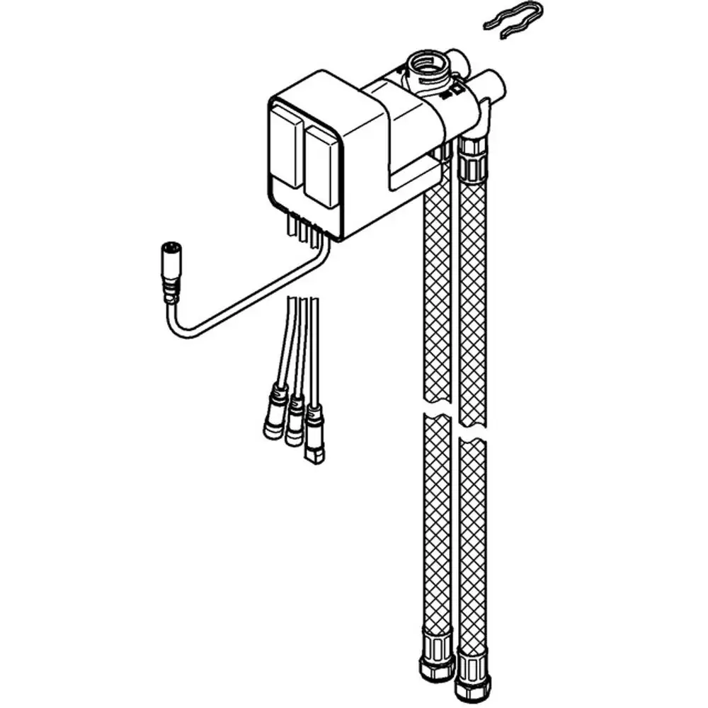 GROHE Funktionseinheit mit einer zentralen Einheit und zwei Schläuchen, die für die Anwendung in elektronischen Armaturen konzipiert ist.