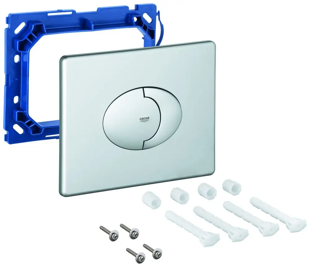 GROHE WC-Betätigung in glänzendem Metall, bestehend aus einer Betätigungsplatte und einer montierbaren Rahmenkonstruktion. Zubehörteile liegen daneben.