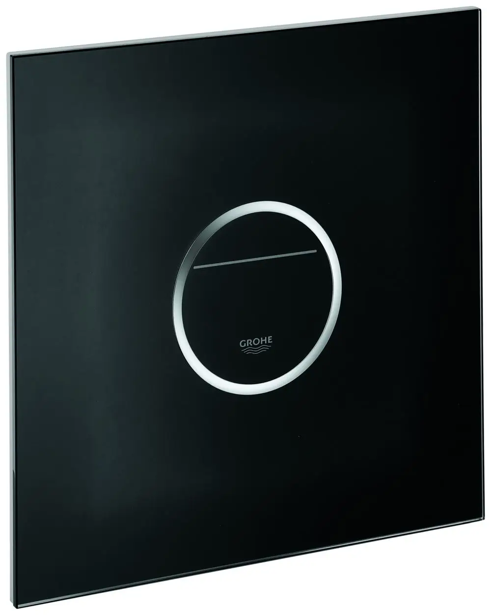 Schwarze Abdeckplatte mit einem runden Betätigungsfeld in der Mitte. Die Marke Grohe ist sichtbar. Entwurf für eine moderne Badezimmerinstallation.
