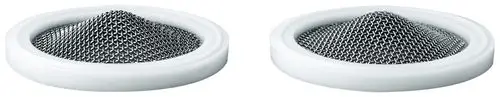 Grohe Produktbild mit zwei Metall-Sieben in runden weißen Halterungen, die eine strukturierte, höhlenartige Oberfläche aufweisen.