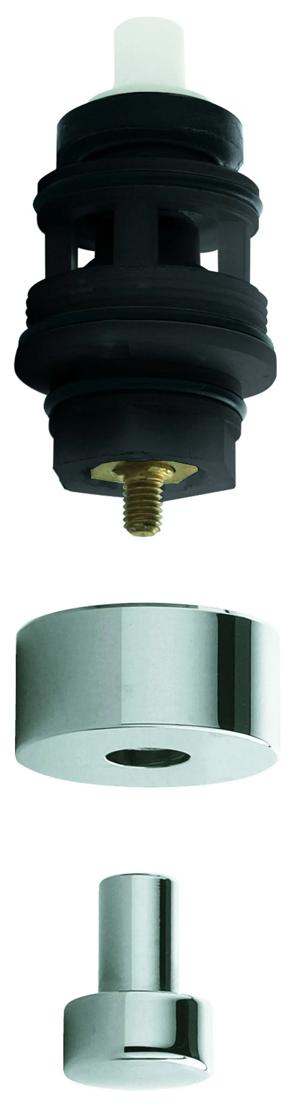 Grohe Umstellung mit verchromten Oberflächen, bestehend aus einem zentralen Element und zwei verchromten Aufsätzen. Bestandteil einer Wannenbatterie.