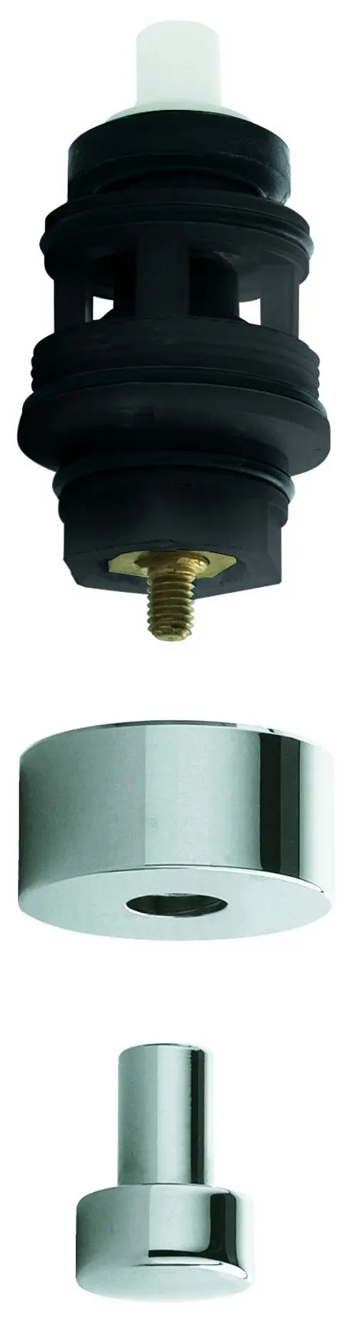 Grohe Umstellung mit verchromten Oberflächen, bestehend aus einem zentralen Element und zwei verchromten Aufsätzen. Bestandteil einer Wannenbatterie.