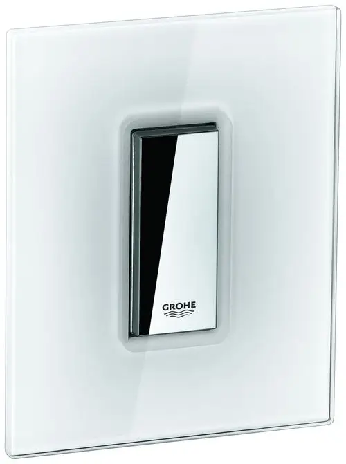 Grohe Abdeckplatte mit Drucktaste in einer weißen Rahmengestaltung, zentral platziert, für die betriebliche Steuerung in Sanitäranlagen.