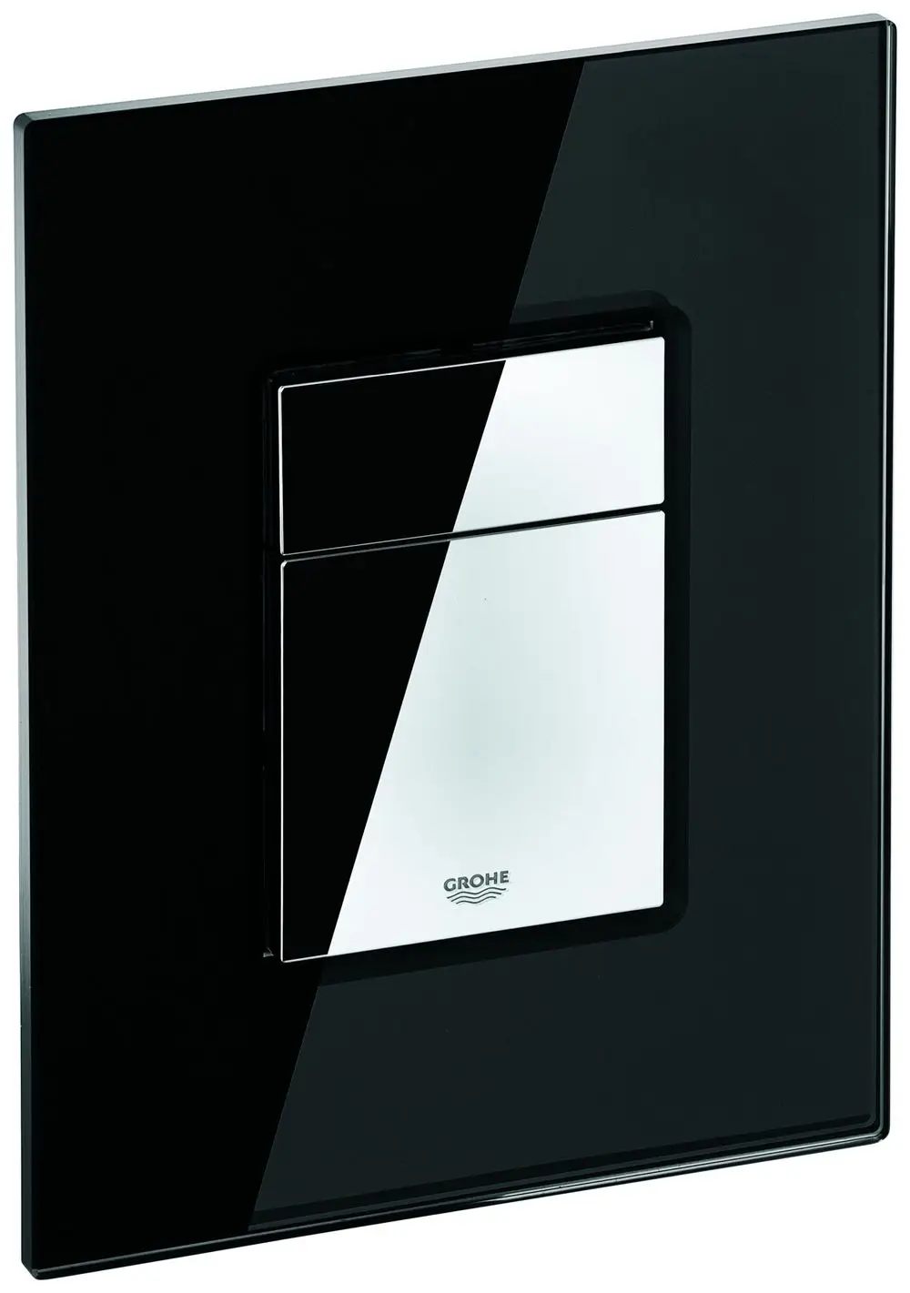 Schwarze Abdeckplatte mit Drucktasten von Grohe. Die Oberfläche ist glänzend und hat ein minimalistisches Design. Ideal für moderne Badezimmeranwendungen.