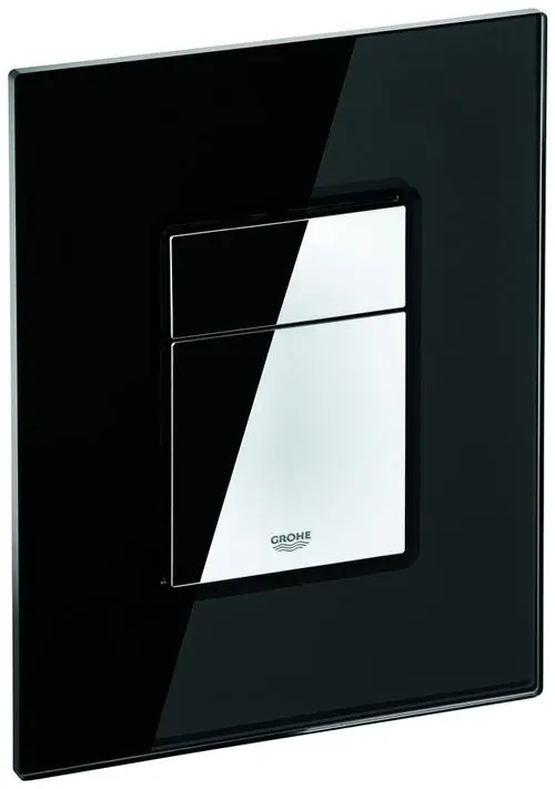 Schwarze Abdeckplatte mit Drucktasten von Grohe. Die Oberfläche ist glänzend und hat ein minimalistisches Design. Ideal für moderne Badezimmeranwendungen.