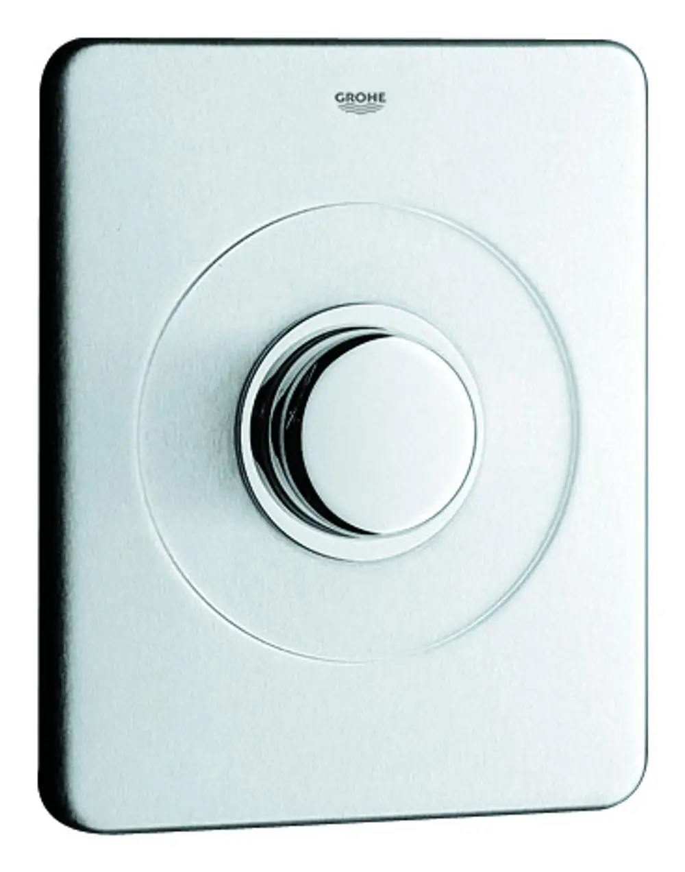 Edelstahl-Abdeckplatte mit runder Steuerknopf-Oberfläche von Grohe, montiert auf einem rechteckigen Unterbau.