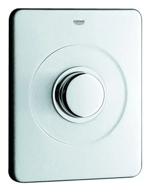 Edelstahl-Abdeckplatte mit runder Steuerknopf-Oberfläche von Grohe, montiert auf einem rechteckigen Unterbau.