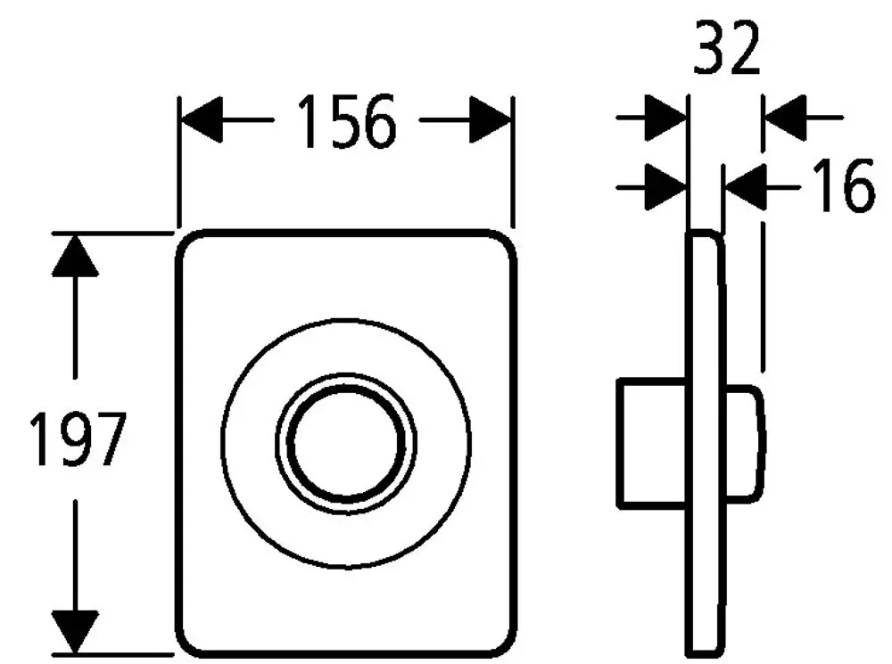 Grohe Abdeckplatte aus Edelstahl mit quadratischer Form, mittigem Loch und abgerundeten Kanten, gezeichnet mit Maßangaben für Installation.