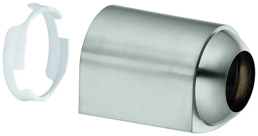 Grohe Metallkappe mit abgerundeter Form und Öffnung, daneben ein weißer Montagering. Beide Teile sind für ein Fertigmontageset gedacht.