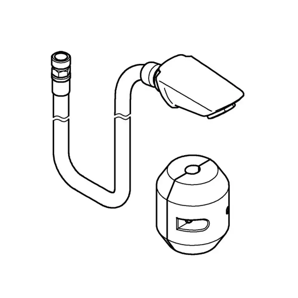 Grohe Auslaufbrause mit flexiblem Schlauch und Anschlussstück, designed für die Verwendung in Sanitäranlagen. Sichtbare Details zur Installation sind abgebildet.