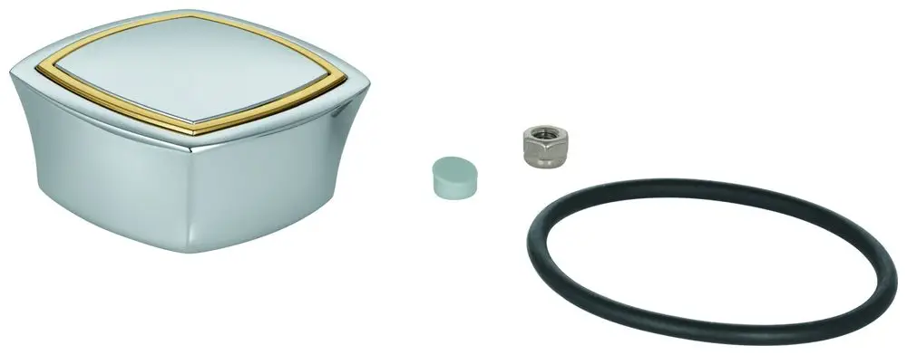 GROHE Umstellknopf in chrom und gold, quadratische Form mit einem glatten Oberflächenfinish, begleitet von einem O-Ring, einem kleinen Bestandteil und einer Metallmutter.