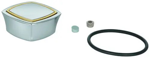 GROHE Umstellknopf in chrom und gold, quadratische Form mit einem glatten Oberflächenfinish, begleitet von einem O-Ring, einem kleinen Bestandteil und einer Metallmutter.