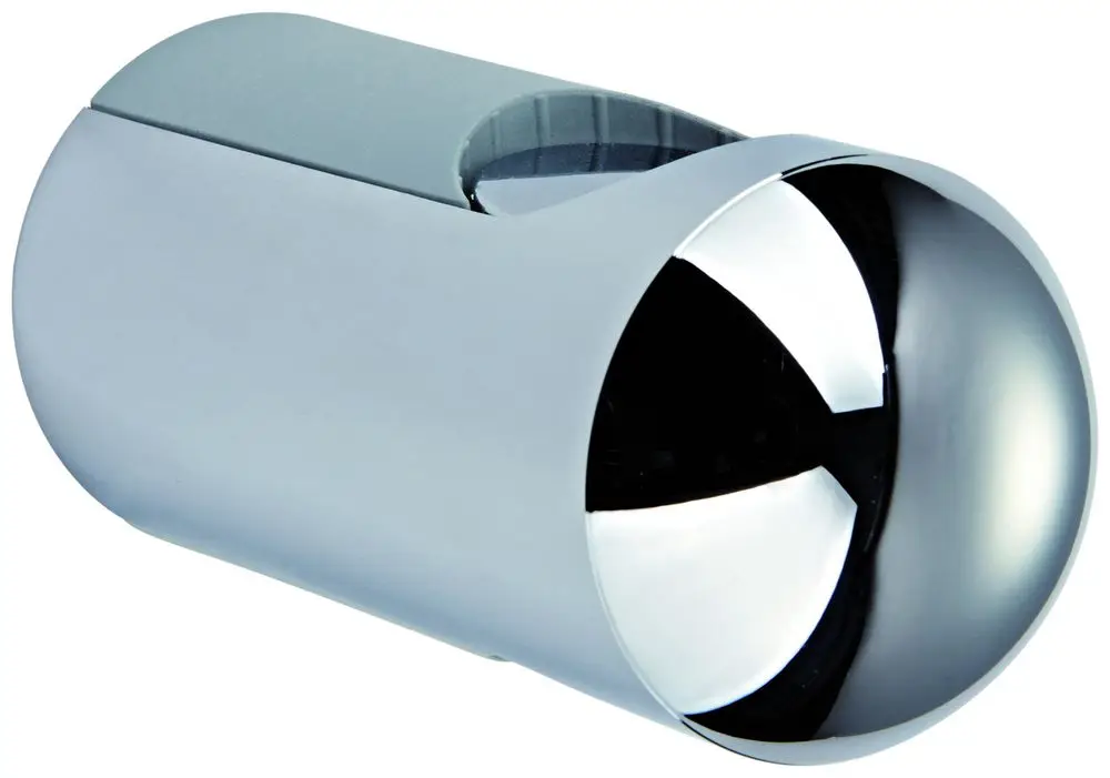 Chromfarbener Halter für Brausestangen von Grohe, mit einer runden, glänzenden Front. Der Halter weist eine glatte Oberfläche und eine einfache mechanische Form auf.