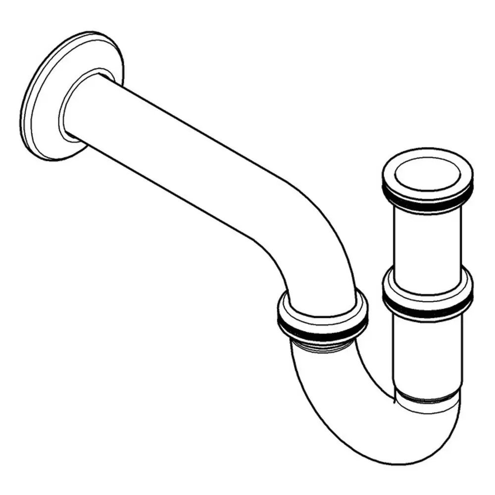 Geruchverschluss aus Rohrleitungen in chrom, typischer Aufbau mit flexiblen Verbindungen und Dichtungen. Teil eines Grohe Badsystems für Waschtische.