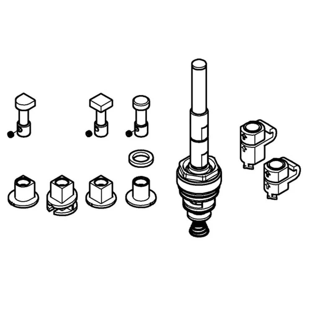 Zeichnung von Grohe-Teilen, einschließlich einer Umstellung, verschiedenen Aufsätzen und Befestigungselementen, dargestellt in einem schematischen Stil.