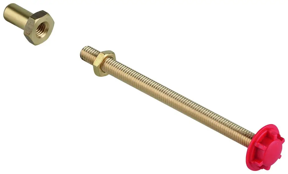 GROHE Umrüstsatz bestehend aus einem langen Gewindebolzen mit rotem Ende und einer Mutter. Beide Teile sind aus Metall und haben eine goldene Oberfläche.