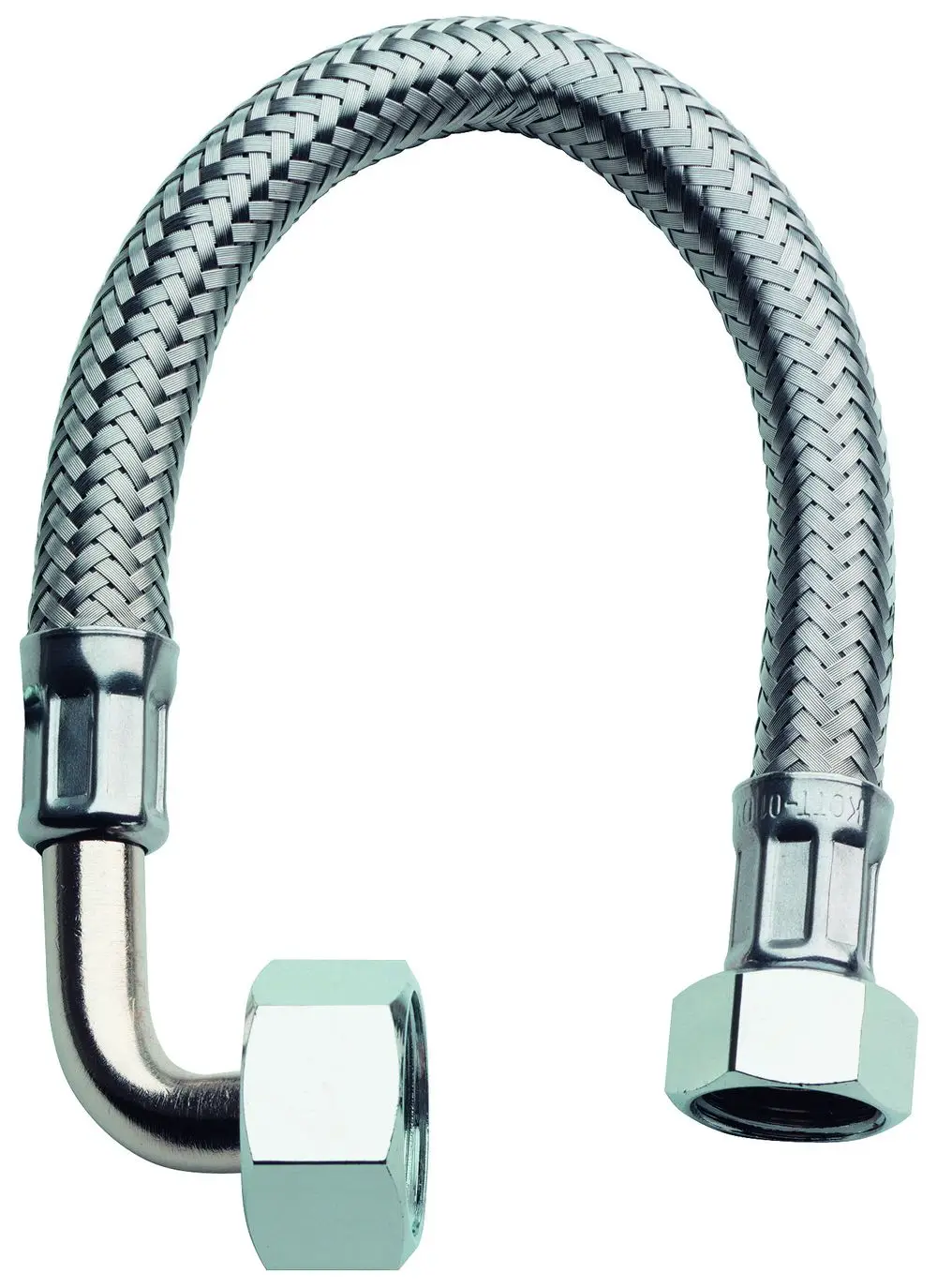 Flexibler Anschlussschlauch mit Edelstahlgeflecht, gebogenem Ende und zwei Gewinden, geeignet für Sanitärinstallationen, hergestellt von Grohe.