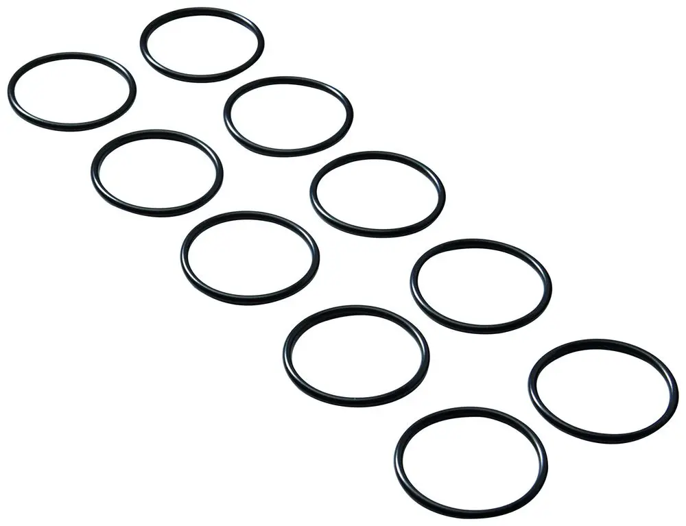 Schwarze O-Ringe, die in einer Reihe angeordnet sind. Die Ringe sind aus flexiblem Material und könnten für Dichtungsanwendungen verwendet werden, möglicherweise von Grohe.