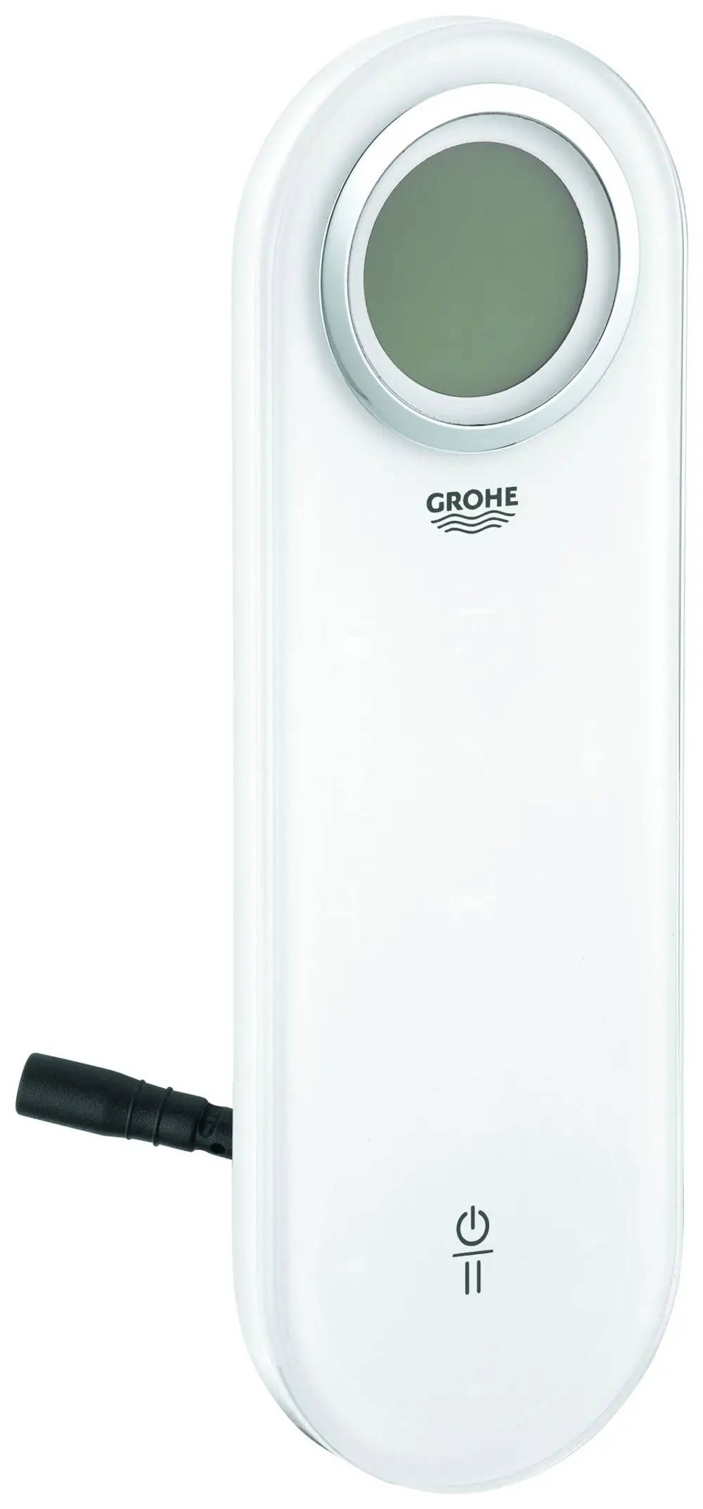 Weiße Steuereinheit von Grohe mit einem runden Display und verschiedenen Tasten zur Bedienung, ausgestattet mit Anschlusskabel.
