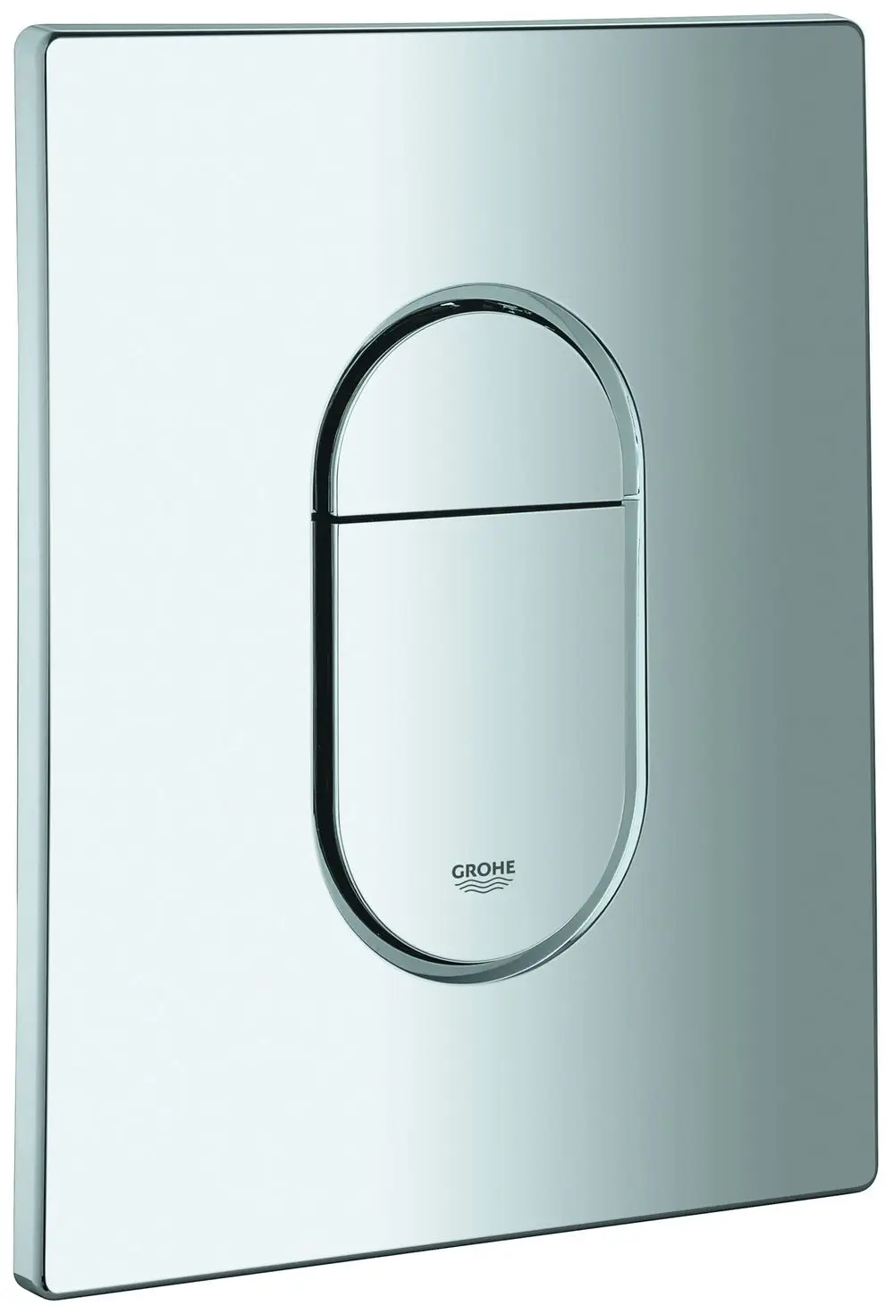 Chromatische Abdeckplatte mit Drucktaste von Grohe, rechteckig, flache Oberfläche, mittige Betätigung, ideal für moderne Sanitärinstallationen.