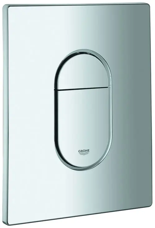 Chromatische Abdeckplatte mit Drucktaste von Grohe, rechteckig, flache Oberfläche, mittige Betätigung, ideal für moderne Sanitärinstallationen.
