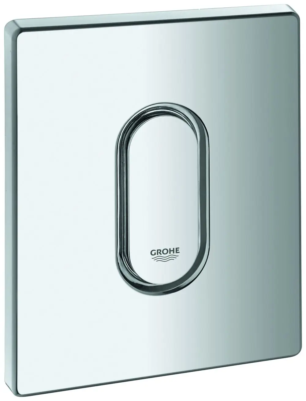 Grohe Abdeckplatte in chrom mit ovaler Drucktaste. Die Platte hat eine glänzende, reflektierende Oberfläche und ist in quadratischer Form gestaltet.