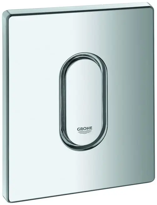 Grohe Abdeckplatte in chrom mit ovaler Drucktaste. Die Platte hat eine glänzende, reflektierende Oberfläche und ist in quadratischer Form gestaltet.