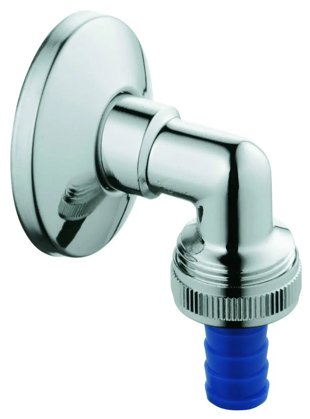 Grohe Anschlussbogen in Chromoptik für die Unterputzmontage, mit einem seitlich abgehenden Schlauchanschluss und einer runden Wandplatte.