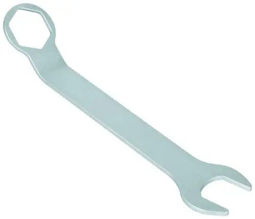 Grohe Spezialschlüssel mit flachem Griff und einer Kiemen- sowie einer Gabelöffnung für das Anziehen oder Lösen von fittings.