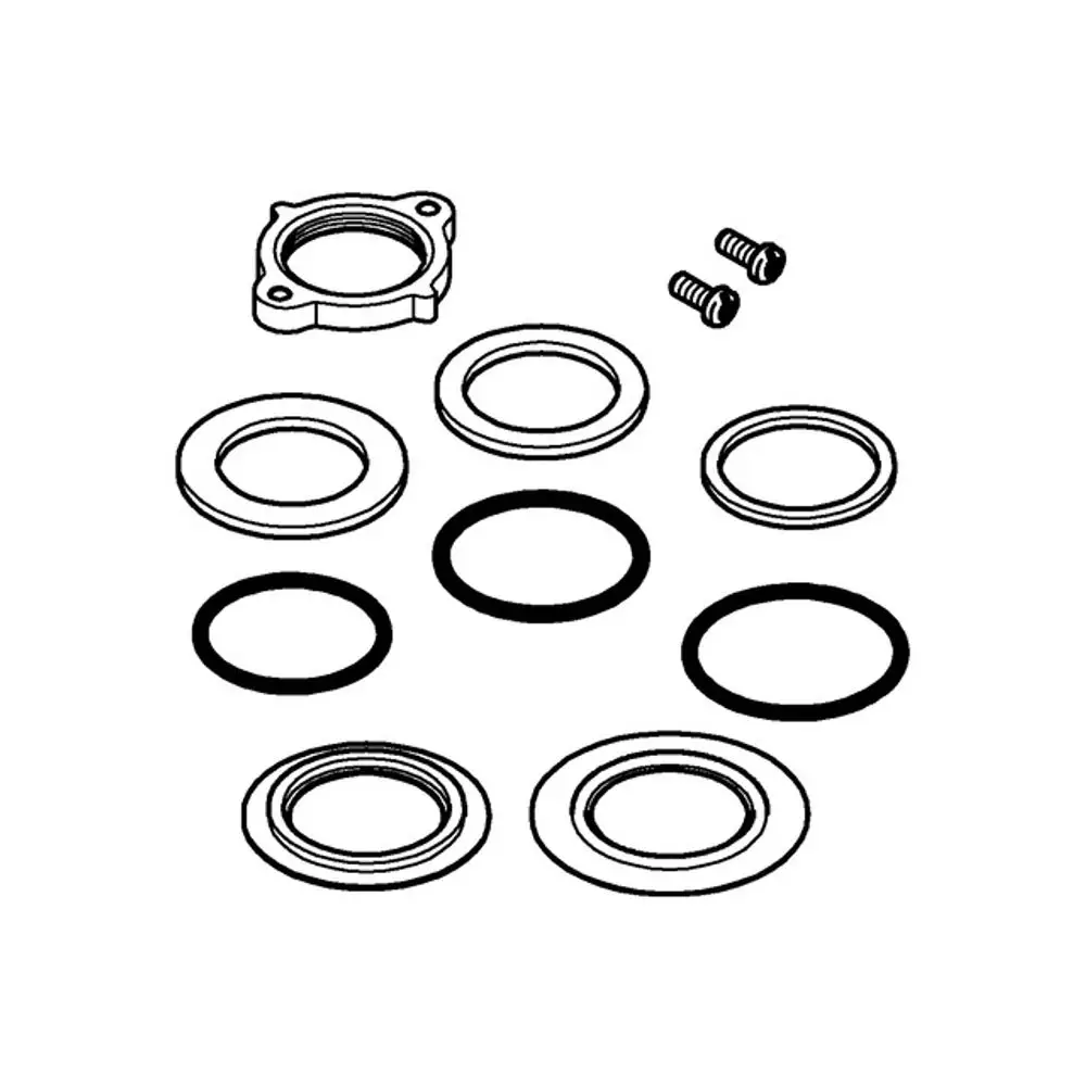 Montagesatz mit verschiedenen Dichtungen und einer Gegenverschraubung, geeignet für Grohe Produkte, dargestellt in einer übersichtlichen Anordnung.