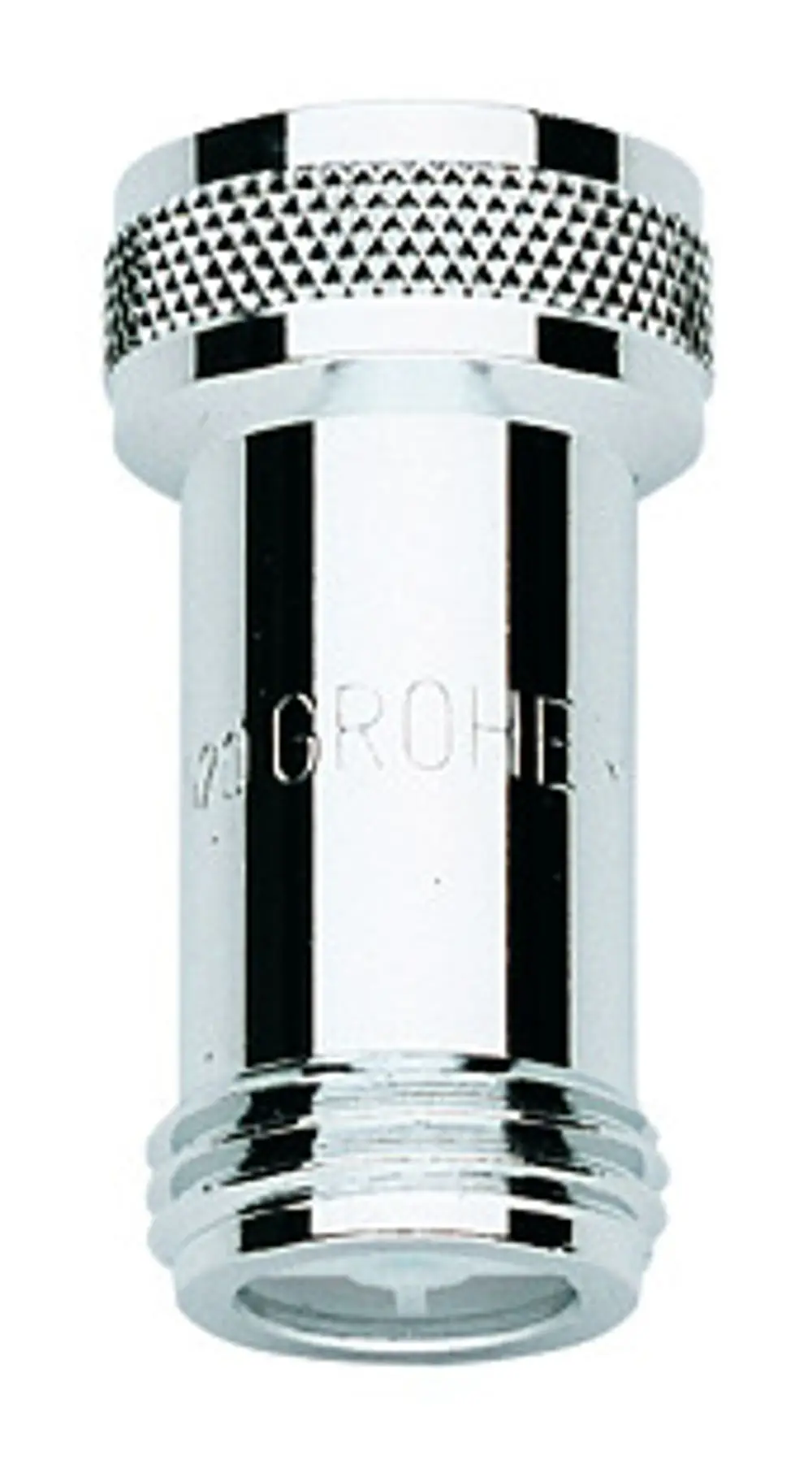 GROHE-Rückflussverhinderer in chromfarbenem Finish, zylindrische Form mit Gewindeanschlüssen an beiden Enden, zur Verwendung in Badarmaturen.