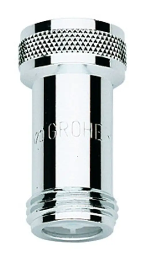 GROHE-Rückflussverhinderer in chromfarbenem Finish, zylindrische Form mit Gewindeanschlüssen an beiden Enden, zur Verwendung in Badarmaturen.