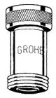 Chromfarbener Rückflussverhinderer mit genoppter Oberseite und gewindeartigem Anschluss. Hervorgehobenes Markenlogo "Grohe" sichtbar.