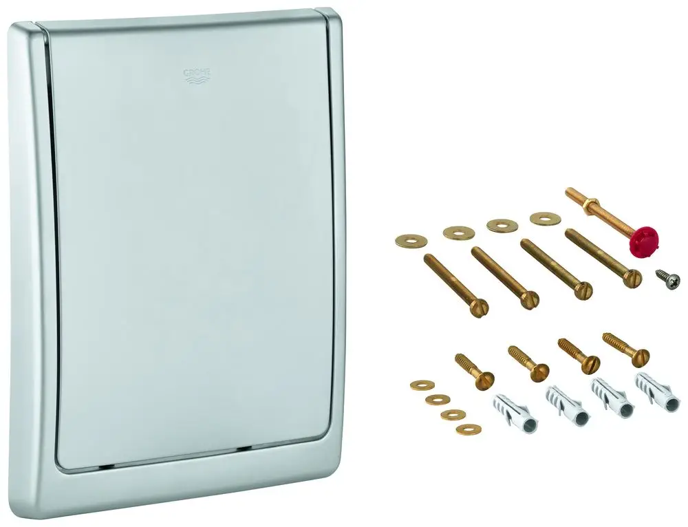 GROHE Abdeckplatte in Chrom für WC-Druckspüler mit Befestigungselementen wie Schrauben, Unterlegscheiben und Dübel für die Montage.