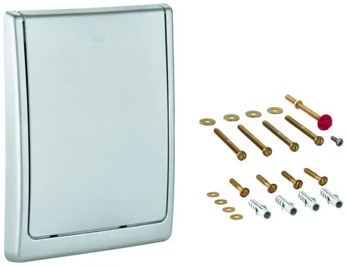 GROHE Abdeckplatte in Chrom für WC-Druckspüler mit Befestigungselementen wie Schrauben, Unterlegscheiben und Dübel für die Montage.