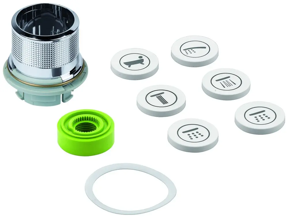Grohe-Tastenbetätigung mit verschiedenen Symbolen für unterschiedliche Funktionen, umschlossen von einer chromfarbenen Halterung und einem grünen Dichtungsring.