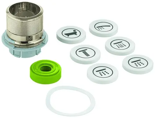 GROHE Druckknopfbetätigung mit mehreren Aufsätzen in verschiedenen Designs. Teile umfassen einen Einsatz, eine grüne Dichtung und ein transparentes O-Ring.