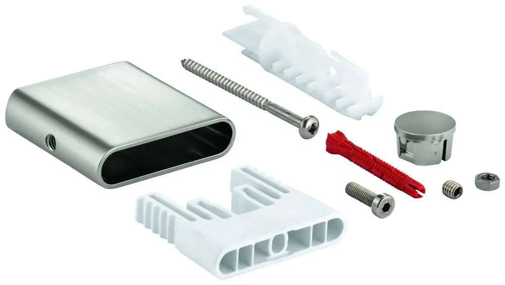 Teilset aus Metall und Kunststoff mit verschiedenen Halterungen und Schrauben, passend für Grohe Brausestangen, in einem neutralen Design.