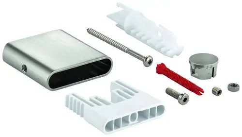 Teilset aus Metall und Kunststoff mit verschiedenen Halterungen und Schrauben, passend für Grohe Brausestangen, in einem neutralen Design.