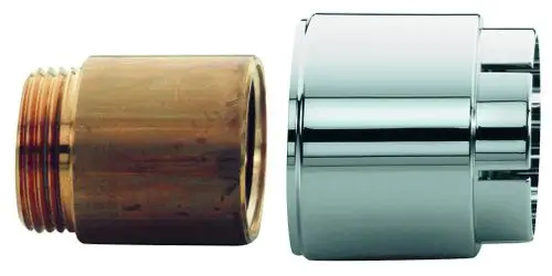 Zwei Verbindungsteile, ein goldfarbenes mit Gewinde und ein chromfarbener, zylindrischer Abschnitt, die zusammen ein Verlängerungsset von Grohe bilden.