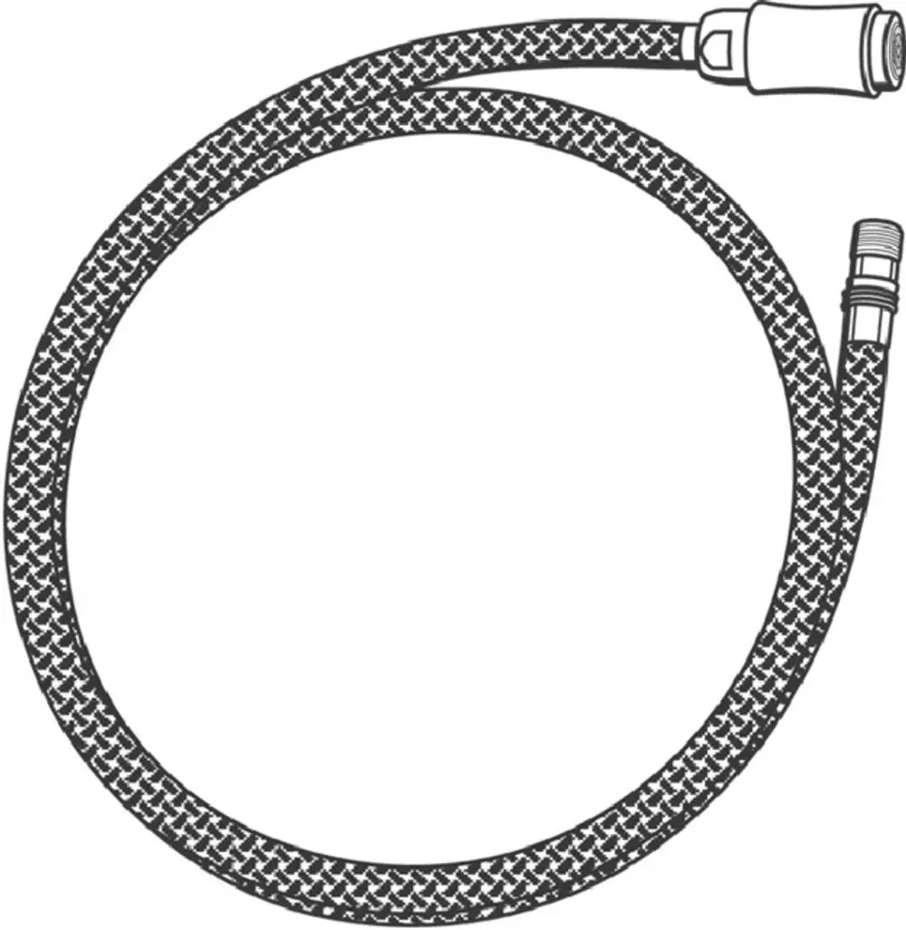 Schwarzer, geflochtener Schlauch mit zwei Anschlüssen. Eines der Enden hat einen Standardanschluss, geeignet für Grohe-Produkte.