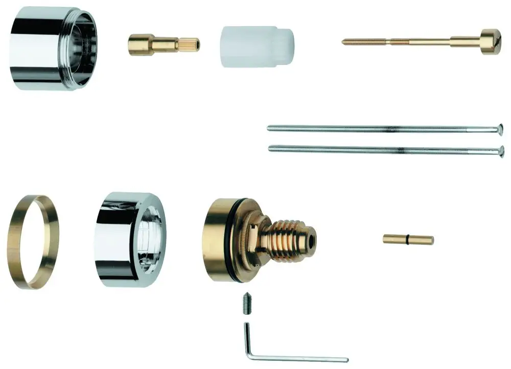 GROHE Zubehörset auf weißem Hintergrund, bestehend aus verschiedenen metallischen und kunststoffelementen, vermutlich Teile zur Installation oder Erweiterung.