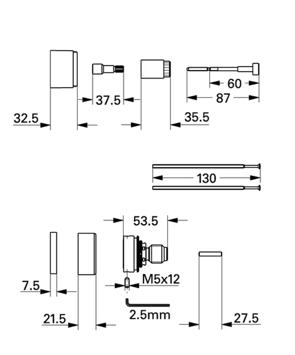 Technisches Schema eines Grohe Verlängerungssets, bestehend aus verschiedenen Bauteilen mit unterschiedlich langen Abmessungen und einer zentralen Verbindung.