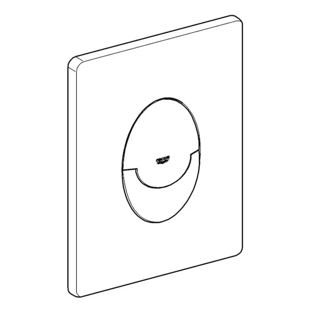Weißer WC-Betätigungstaster von Grohe, mit ovaler Aussparung in der Mitte. Flaches Design mit abgerundeten Ecken, geeignet für eine Wandmontage.