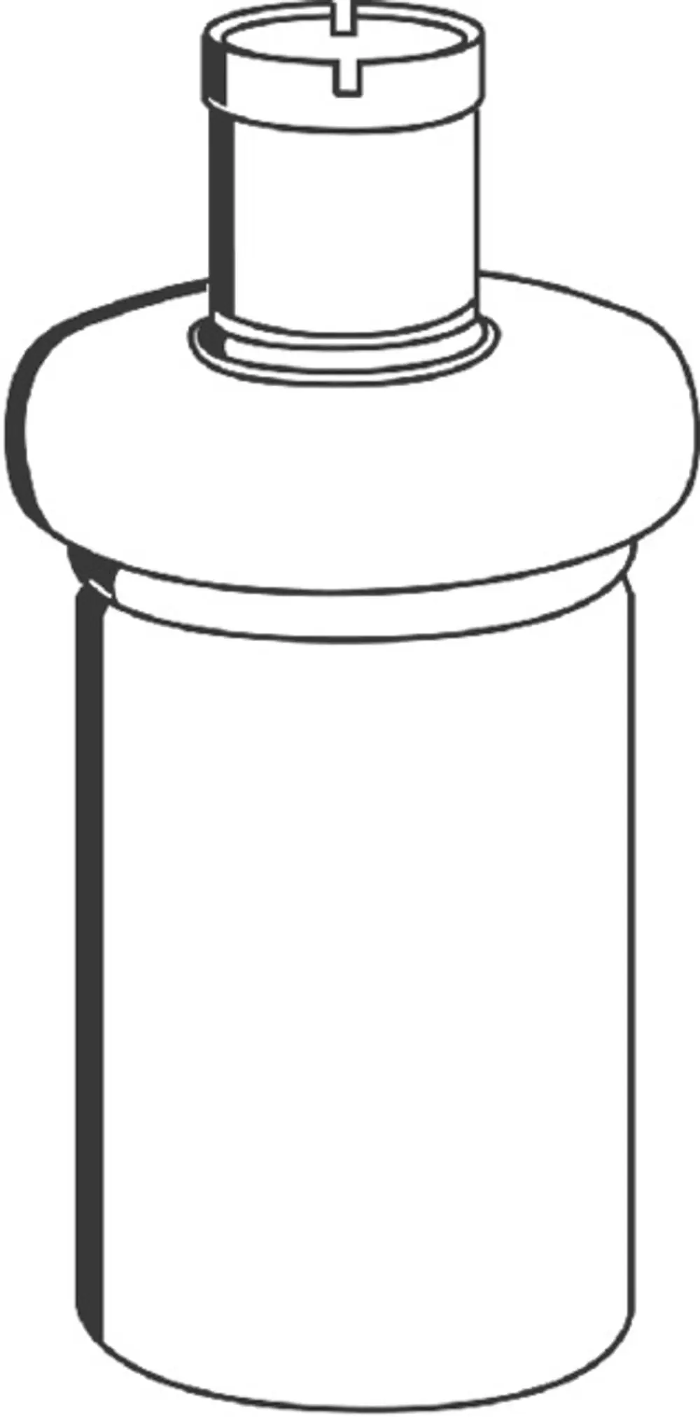 GROHE Ersatzflakon in runder Form mit einem Aufsatz für einen Seifenspender. Die Oberfläche ist glatt und hat eine chromfarbene Optik.