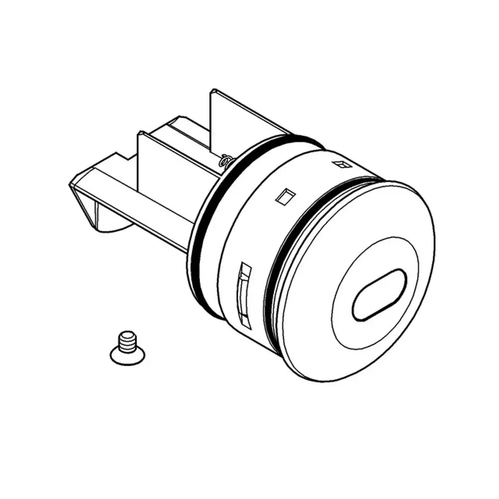 GROHE Elektronikkartusche mit runder Vorderseite, Steckanschlüssen auf der Rückseite und einem kleinen Schraubenzubehörteil im Vordergrund.
